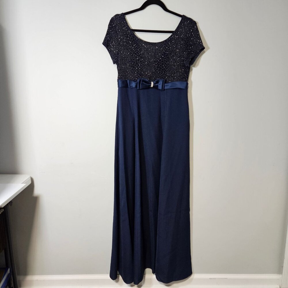Von Bramlett Vintage‎ Navy Blue Gown Evening Dress Sparkle Top Satin Bow Sz 10